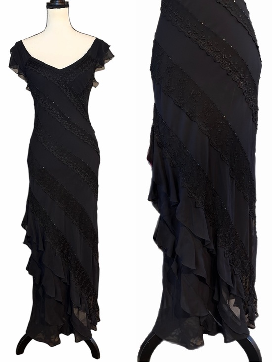 Sue Wong Dresses & Skirts - Vintage Sue Wong Nocturne Beaded Silk Sheer Mesh & Lace Ruffle Hem Maxi Dress